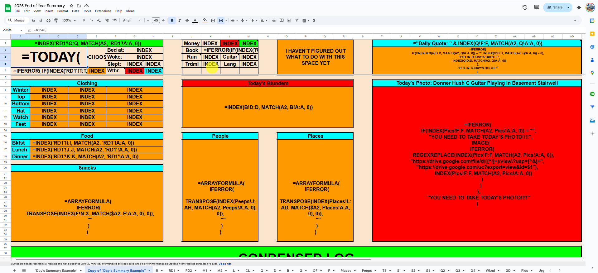 Behind the scenes of the Summary GS sheet showing INDEX and IFERROR formulas