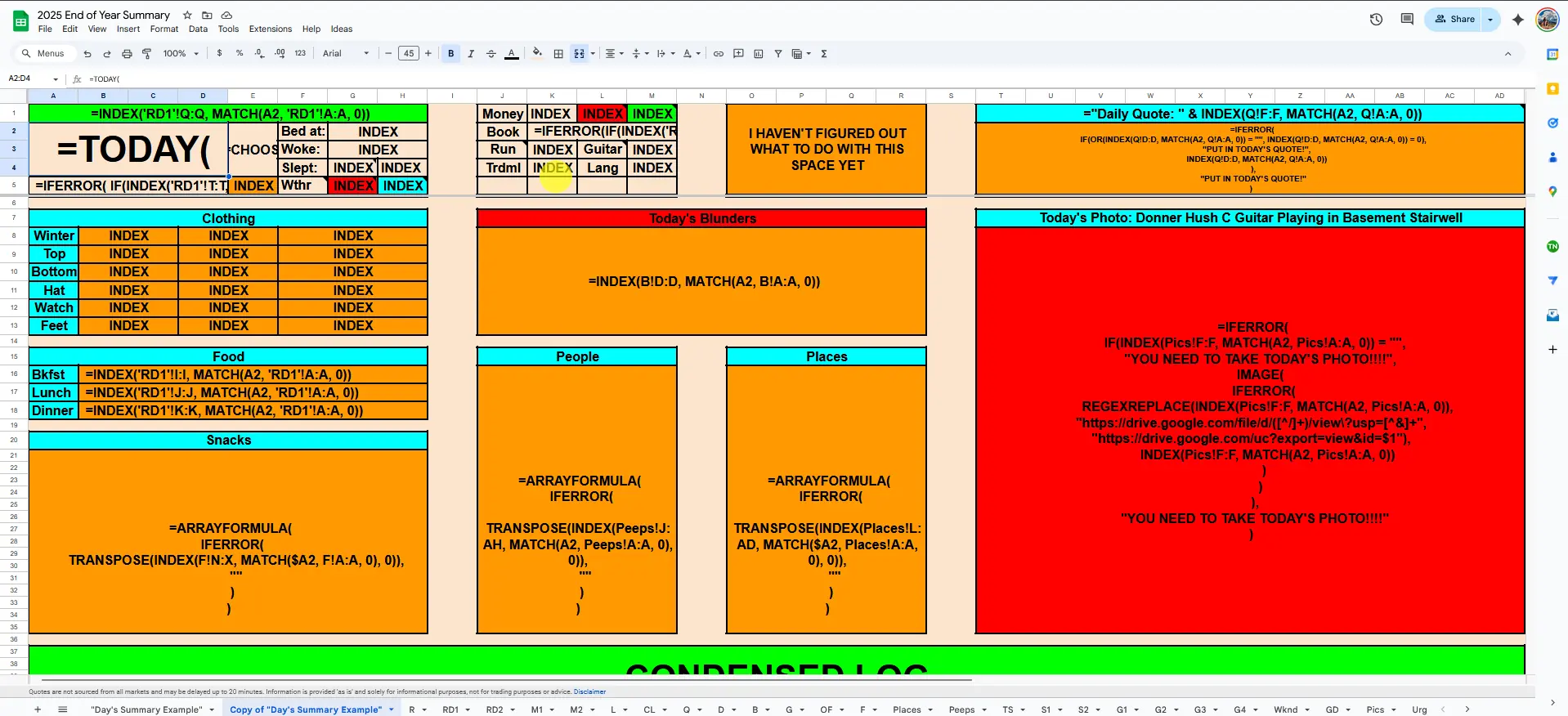 Behind the scenes of the Summary GS sheet showing INDEX and IFERROR formulas